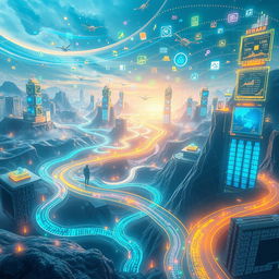 An imaginative representation of a vast world filled with swirling streams of colorful data, glowing binary code flowing like rivers, and bright icons symbolizing various types of information such as books, knowledge, and digital devices