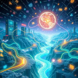 An imaginative representation of a vast world filled with swirling streams of colorful data, glowing binary code flowing like rivers, and bright icons symbolizing various types of information such as books, knowledge, and digital devices