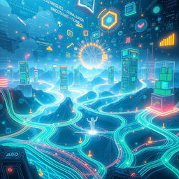 An imaginative representation of a vast world filled with swirling streams of colorful data, glowing binary code flowing like rivers, and bright icons symbolizing various types of information such as books, knowledge, and digital devices