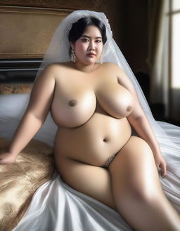 A digital art image depicts a beautiful, plus-size Indonesian bride on her wedding day