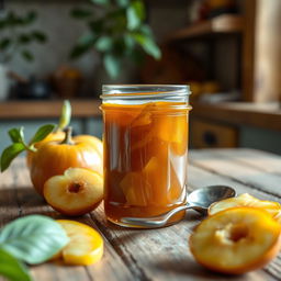 A jar of homemade quince jam sitting on a rustic wooden table, surrounded by fresh quince fruit and a spoon