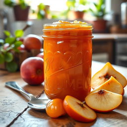 A jar of homemade quince jam sitting on a rustic wooden table, surrounded by fresh quince fruit and a spoon