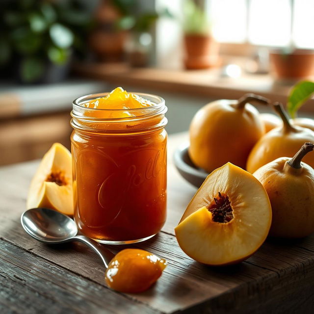 A jar of homemade quince jam sitting on a rustic wooden table, surrounded by fresh quince fruit and a spoon