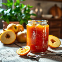 A jar of homemade quince jam sitting on a rustic wooden table, surrounded by fresh quince fruit and a spoon