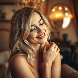 A sultry 18-year-old blonde woman being playfully kissed on the lips in a romantic setting