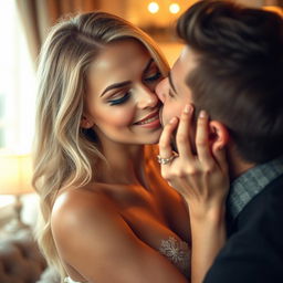 A sultry 18-year-old blonde woman being playfully kissed on the lips in a romantic setting