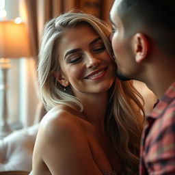 A sultry 18-year-old blonde woman being playfully kissed on the lips in a romantic setting