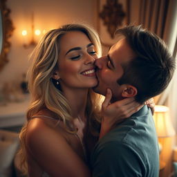 A sultry 18-year-old blonde woman being playfully kissed on the lips in a romantic setting