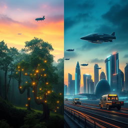 A striking visual representation of the concept "the past against the future," featuring a split scene