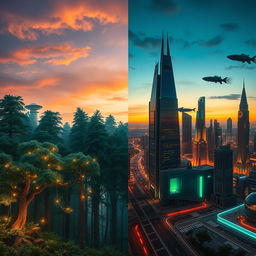 A striking visual representation of the concept "the past against the future," featuring a split scene