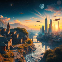 A stunning, visually rich landscape that merges elements of the past and future