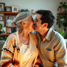 An affectionate scene of an older woman, lovingly referred to as 'Aunty', sharing a warm kiss with a man