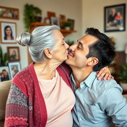 An affectionate scene of an older woman, lovingly referred to as 'Aunty', sharing a warm kiss with a man