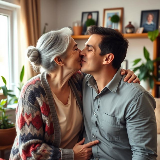 An affectionate scene of an older woman, lovingly referred to as 'Aunty', sharing a warm kiss with a man