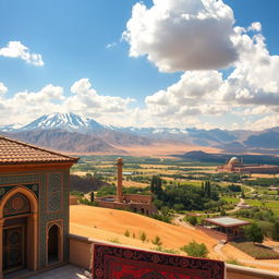 A stunning landscape of Iran, showcasing the diverse geography, featuring the majestic Alborz mountain range with snow-capped peaks, vast deserts with warm golden sand, and lush valleys filled with vibrant flowers