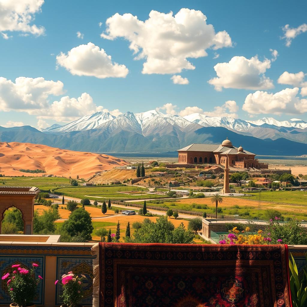 A stunning landscape of Iran, showcasing the diverse geography, featuring the majestic Alborz mountain range with snow-capped peaks, vast deserts with warm golden sand, and lush valleys filled with vibrant flowers