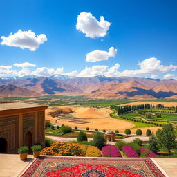 A stunning landscape of Iran, showcasing the diverse geography, featuring the majestic Alborz mountain range with snow-capped peaks, vast deserts with warm golden sand, and lush valleys filled with vibrant flowers