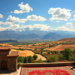 A stunning landscape of Iran, showcasing the diverse geography, featuring the majestic Alborz mountain range with snow-capped peaks, vast deserts with warm golden sand, and lush valleys filled with vibrant flowers