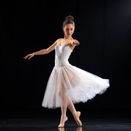 A graceful solo ballerina performing an elegant dance on stage, wearing a beautiful white tutu adorned with delicate lace and sparkling sequins