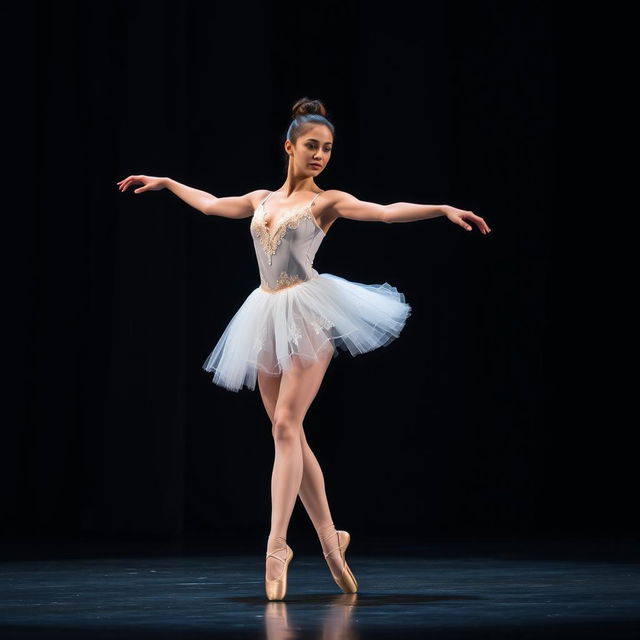 A graceful solo ballerina performing an elegant dance on stage, wearing a beautiful white tutu adorned with delicate lace and sparkling sequins