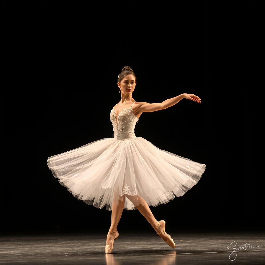 A graceful solo ballerina performing an elegant dance on stage, wearing a beautiful white tutu adorned with delicate lace and sparkling sequins