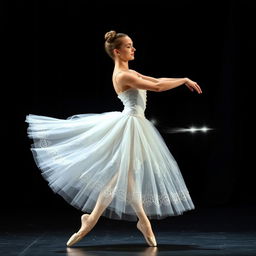 A graceful solo ballerina performing an elegant dance on stage, wearing a beautiful white tutu adorned with delicate lace and sparkling sequins