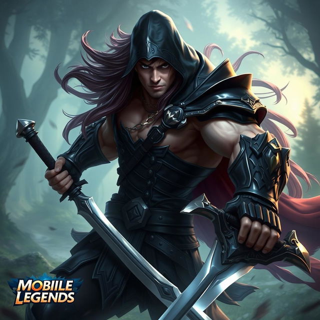 A realistic portrayal of the Mobile Legends hero Alucard, depicted as a fierce warrior with long flowing hair, wearing dark armor with intricate details, featuring a hood and a fierce expression