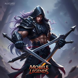 A realistic portrayal of the Mobile Legends hero Alucard, depicted as a fierce warrior with long flowing hair, wearing dark armor with intricate details, featuring a hood and a fierce expression