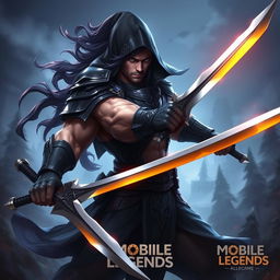 A realistic portrayal of the Mobile Legends hero Alucard, depicted as a fierce warrior with long flowing hair, wearing dark armor with intricate details, featuring a hood and a fierce expression