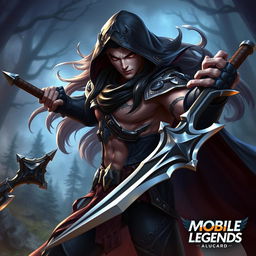A realistic portrayal of the Mobile Legends hero Alucard, depicted as a fierce warrior with long flowing hair, wearing dark armor with intricate details, featuring a hood and a fierce expression