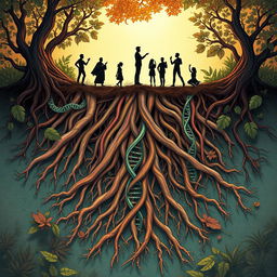 A detailed and intricately designed illustration representing the roots of humans, showcasing a surreal vision where human DNA strands appear as roots intertwined with the earth