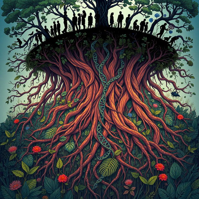 A detailed and intricately designed illustration representing the roots of humans, showcasing a surreal vision where human DNA strands appear as roots intertwined with the earth