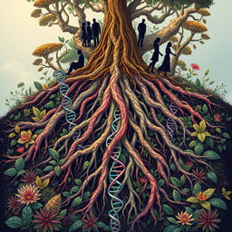 A detailed and intricately designed illustration representing the roots of humans, showcasing a surreal vision where human DNA strands appear as roots intertwined with the earth