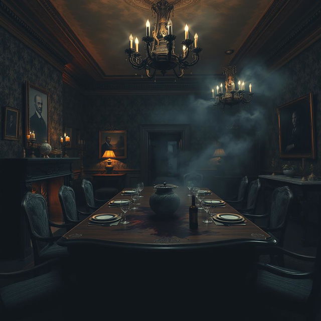 An intriguing and darkly atmospheric scene depicting the inside of a gothic-style mansion with dramatic lighting