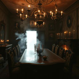 An intriguing and darkly atmospheric scene depicting the inside of a gothic-style mansion with dramatic lighting