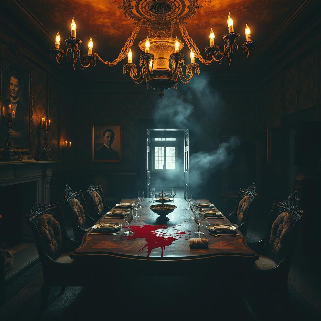 An intriguing and darkly atmospheric scene depicting the inside of a gothic-style mansion with dramatic lighting