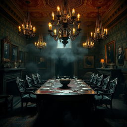 An intriguing and darkly atmospheric scene depicting the inside of a gothic-style mansion with dramatic lighting