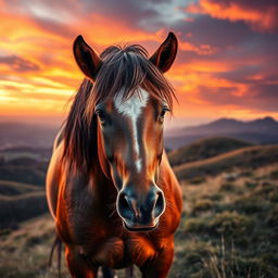 A realistic close-up of a powerful horse in the wild, showcasing its muscular build and flowing mane, standing majestically on a grassy hillside during sunset