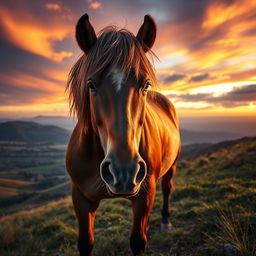 A realistic close-up of a powerful horse in the wild, showcasing its muscular build and flowing mane, standing majestically on a grassy hillside during sunset
