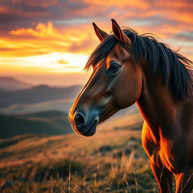 A realistic close-up of a powerful horse in the wild, showcasing its muscular build and flowing mane, standing majestically on a grassy hillside during sunset