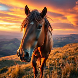 A realistic close-up of a powerful horse in the wild, showcasing its muscular build and flowing mane, standing majestically on a grassy hillside during sunset
