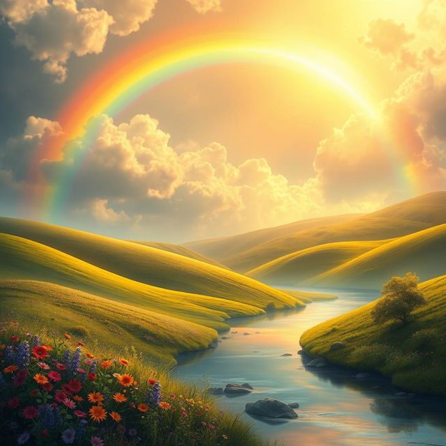 A vibrant and ethereal rainbow arching gracefully from the lush green fields of this world, leading towards a celestial realm filled with soft clouds and shimmering lights