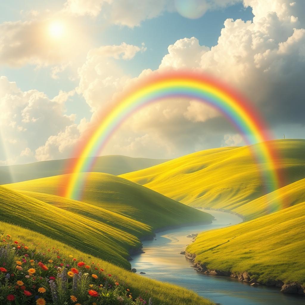 A vibrant and ethereal rainbow arching gracefully from the lush green fields of this world, leading towards a celestial realm filled with soft clouds and shimmering lights