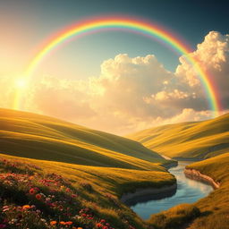 A vibrant and ethereal rainbow arching gracefully from the lush green fields of this world, leading towards a celestial realm filled with soft clouds and shimmering lights