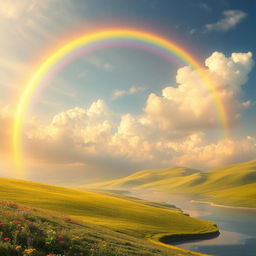 A vibrant and ethereal rainbow arching gracefully from the lush green fields of this world, leading towards a celestial realm filled with soft clouds and shimmering lights