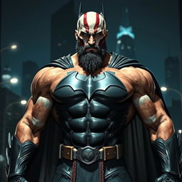 A powerful and muscular man resembling Kratos from video games, dressed in a sleek, dark Batman suit
