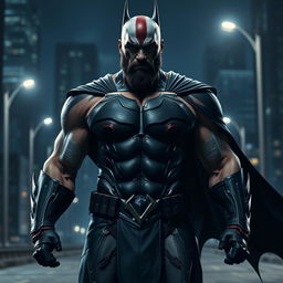 A powerful and muscular man resembling Kratos from video games, dressed in a sleek, dark Batman suit