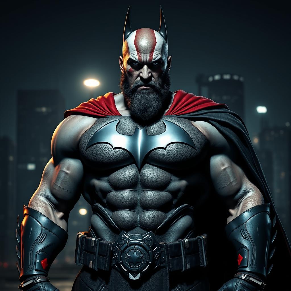 A powerful and muscular man resembling Kratos from video games, dressed in a sleek, dark Batman suit