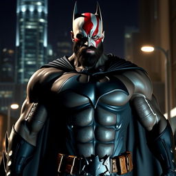 A powerful and muscular man resembling Kratos from video games, dressed in a sleek, dark Batman suit