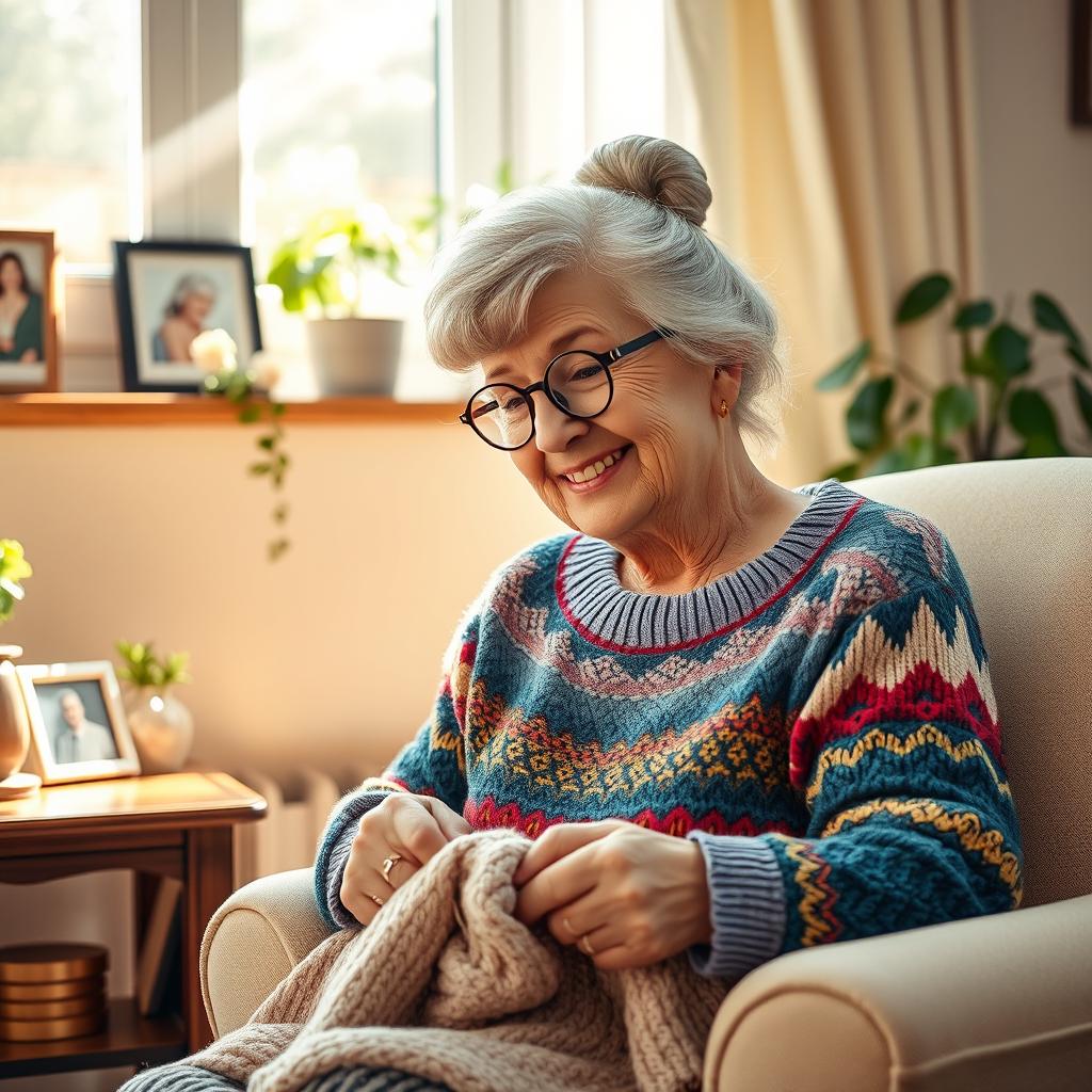 A warm and cheerful image depicting a loving elderly grandmother sitting in her cozy living room